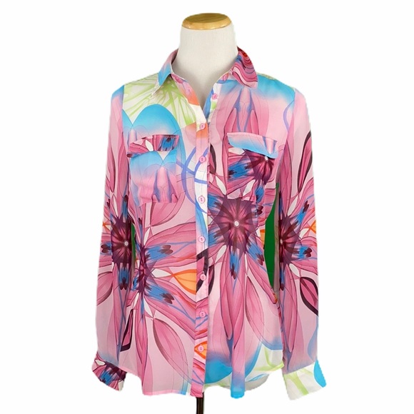 BCBGMaxAzria Sheer Floral Print Long Sleeve Blouse